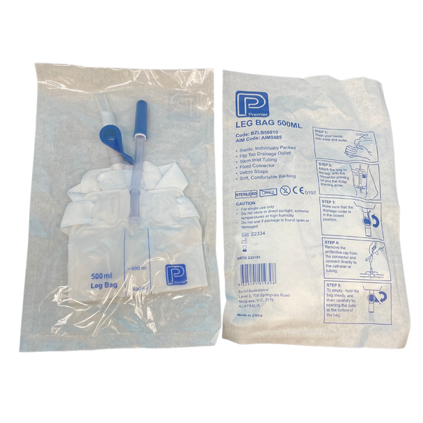 Premier Leg Bag Sterile Flip Tap 10cm 500mL with 10cm Inlet Tube