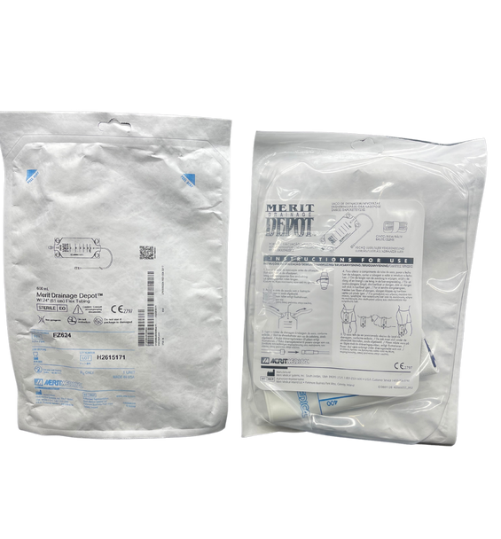 Merit Drainage Bags Soft Cloth Backing Depo 600mL, 24" (61 cm), Sterile - All Packaging