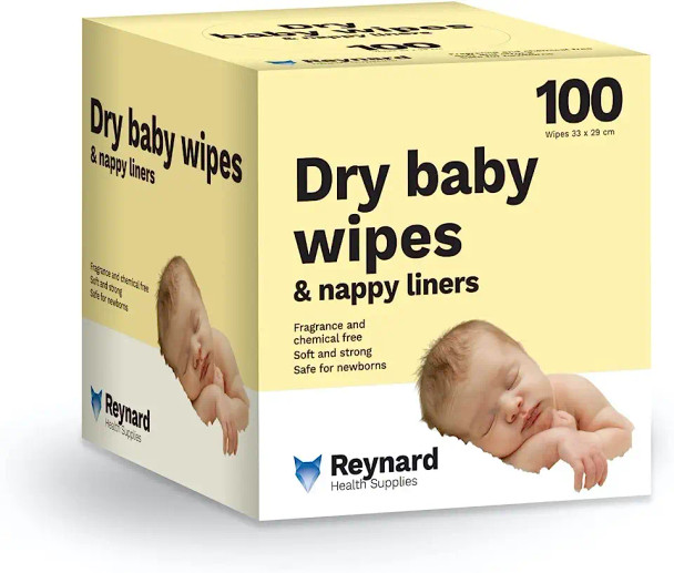 Reynard Health Supplies Ultra-Soft Dry Baby Wipes, Chemical & Fragrance Free, White, 33cm x 29 cm - Box of 100