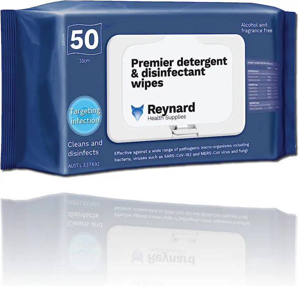 Reynard Health Supplies Premier Detergent & Disinfectant Wipes, Kill SARS-CoV-1&2 in 30 secs, 33cm x 22 cm - Box of 50
