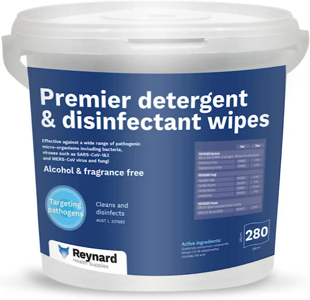 Reynard Health Supplies Premier Detergent & Disinfectant Wipes, Kill SARS-CoV-1&2 in 30 secs, 33cm x 22 cm - Box of 280