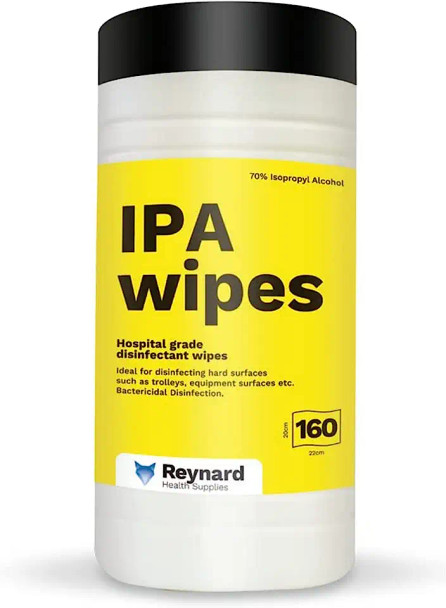 Reynard Health Supplies IPA Surface Disinfection Wipes (Canister) - Cleans Electronics, Sensitive Equipment, Household Items etc - Antibacterial Wipes - 70% Alcohol, White, 20cm x 22 cm - Box of 160
