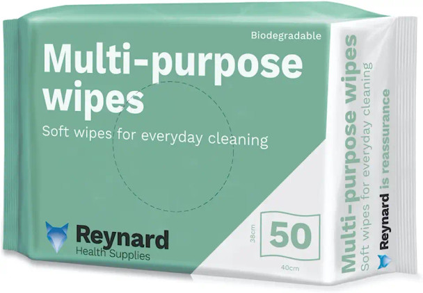 Reynard Health Supplies Biodegradable Multi-Purpose Wipes, White, 38cm x 42 cm - Box of 50