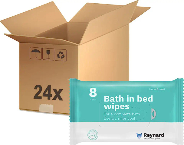 Reynard Health Supplies Bath in Bed Body Wipes, Rinse-Free, Microwaveable, Unperfumed, Suitable for Sensitive Skin, White, XL, 33 x 23 cm, (8 Wipes, Soft Pack), 24 Packs - Box of 192