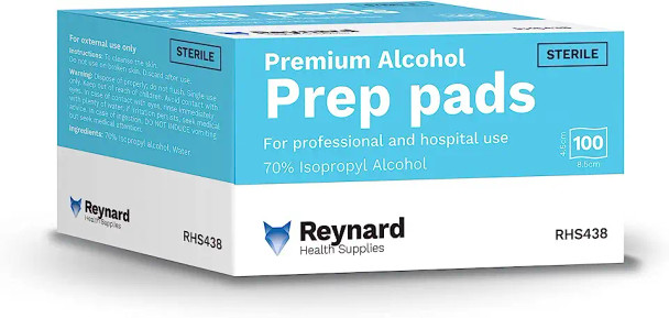 Reynard Health Supplies 70% Alcohol Antiseptic Prep Pad, Sterile, Extra Thick Premium Clothes, Individually Sealed, 8.5 x 4.5 cm, White - Box of 100