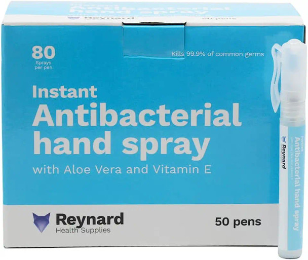 Reynard Health Supplies 70% Alcohol Antibacterial Hand Spray with 0.5% Chlorhexidine, Aloe Vera & Vitamin E, 10 mL - Box of 50