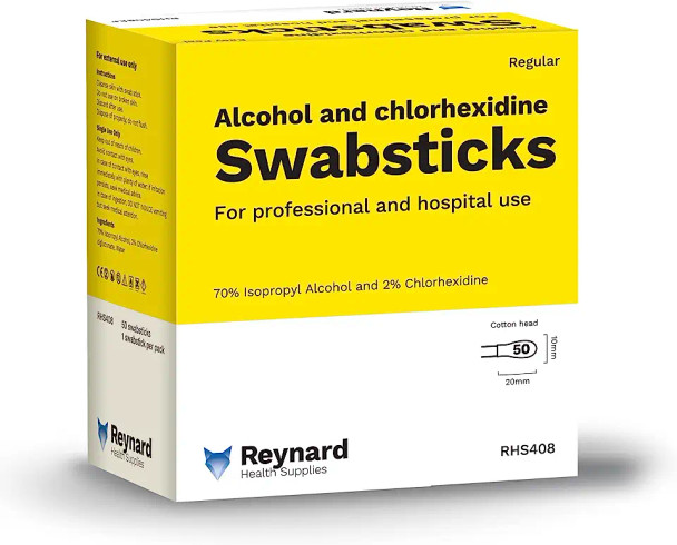 Reynard Health Supplies 70% Alcohol 2% Chlorhexidine Antiseptic Cotton Swabstick, Individually Sealed - Box of 50