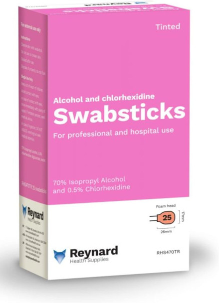 Reynard 70% Alcohol 0.5% Chlorhexidine Foam Head Antiseptic Swabstick, Red Tinted, Individually Sealed - Box of 25 (RHS_‎RHS470TR_25