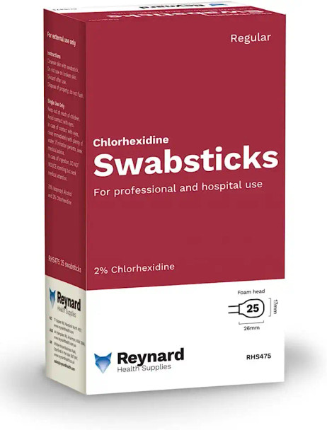 Reynard Health Supplies 2% Chlorhexidine Antiseptic Swabstick, Alcohol free, Foam Head, Individually Sealed - Box of 25