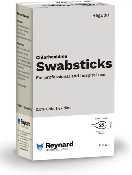Reynard Health Supplies 0.5% Chlorhexidine Swabstick, Alcohol Free, Foam Head, Individually Sealed, White - Box of 25