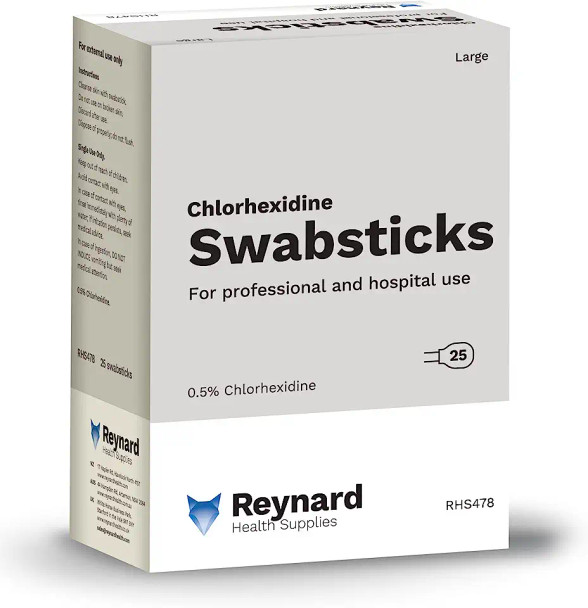 Reynard Health Supplies 0.5% Chlorhexidine Antiseptic Swabstick, Foam head, Alcohol Free, Extra Large, Individually Sealed, White - Box of 25