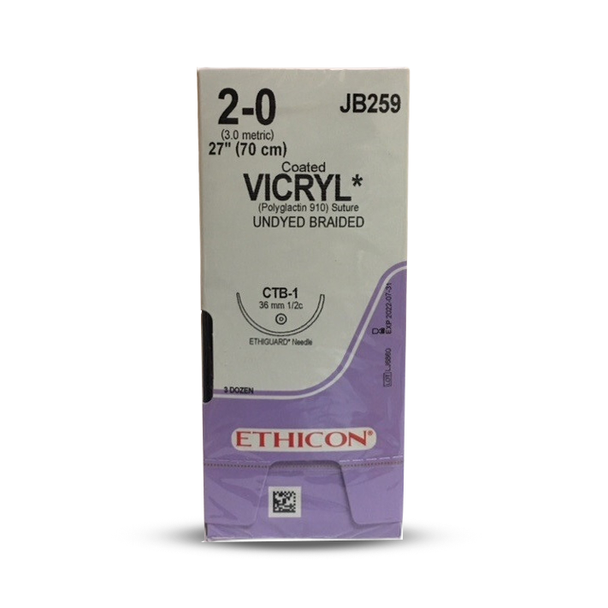 Ethicon Coated VICRYL (polyglactin 910) Suture Blunt Point ETHIGUARD CTB-1 36mm 1/2 Circle 2-0 Undyed Braided 1 x 27”/70cm - Box of 36