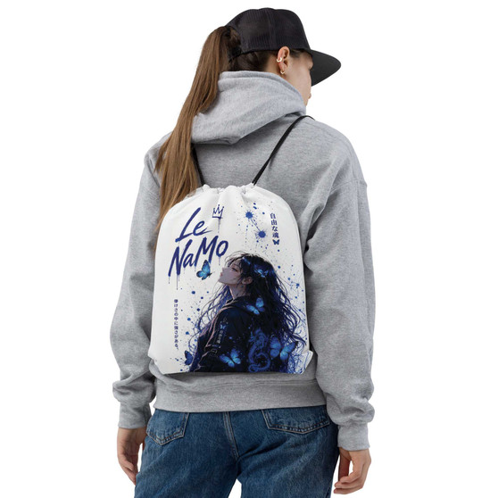 Le NaMo Blue Butterfly Serenity Drawstring Bag