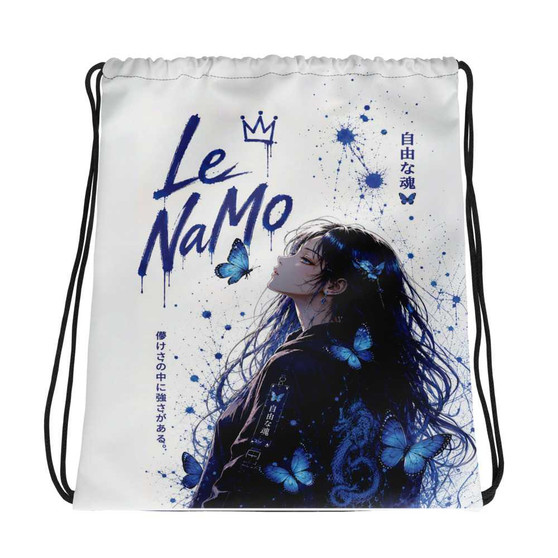 Le NaMo Blue Butterfly Serenity Drawstring Bag