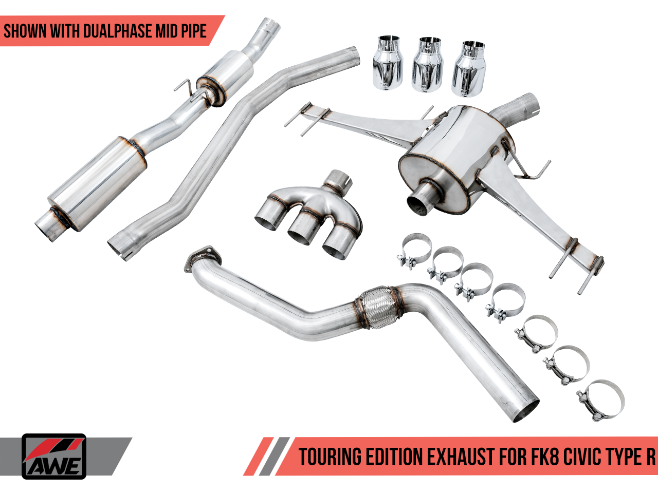 AWE / TOURING EDITION / CAT-BACK EXHAUST SYSTEM / TRIPLE BLACK TIPS (3015-53006) *** HONDA CIVIC TYPE-R (2017-2021) FK8 / 2.0L TURBO