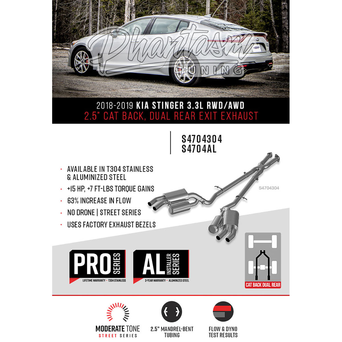 MBRP / ALUMINIZED STEEL / DUAL CAT-BACK EXHAUST SYSTEM / QUAD FACTORY TIPS (S4704AL) *** KIA STINGER GT (2018-2023) 3.3L TWIN TURBO