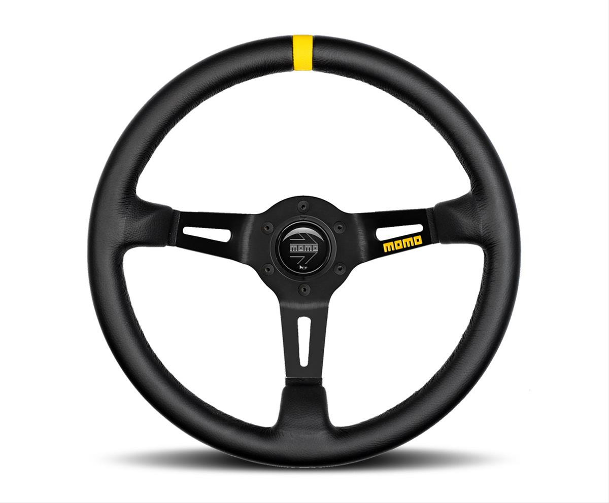 MOMO / MOD 08 / 350 MM STEERING WHEEL / BLACK LEATHER / BLACK SPOKE / YELLOW STRIPE (R1908-35L)