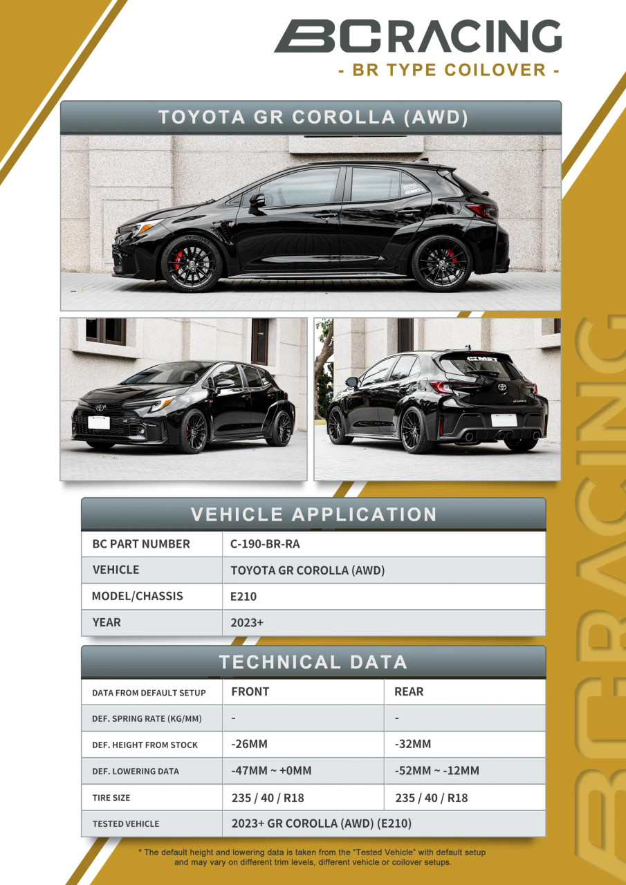 BC RACING / BR SERIES COILOVER / SUSPENSION KIT (C-190-BR) *** TOYOTA GR COROLLA (2023-2026)