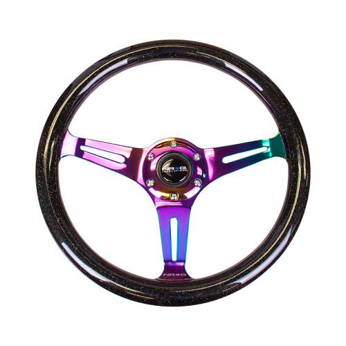 NRG / UNIVERSAL STEERING WHEEL / NEO CHROME SPOKE / BLACK SPARKLE WOOD GRIP (ST-015MC-BSB) *** 350 MM DIAMETER / 1.50 INCH DEEP DISH