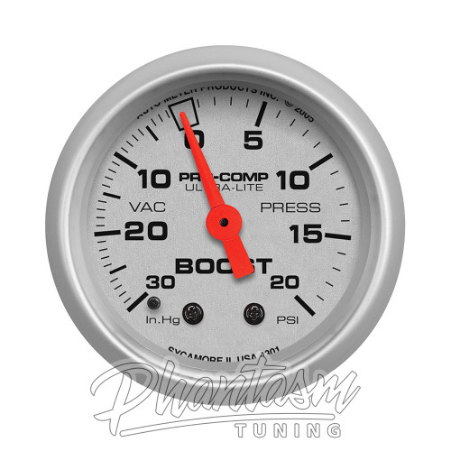 AUTO METER / BOOST-VACUUM / MECHANICAL GAUGE (4301) *** ULTRA-LITE SERIES / 20 PSI / SILVER FACE / SILVER BEZEL