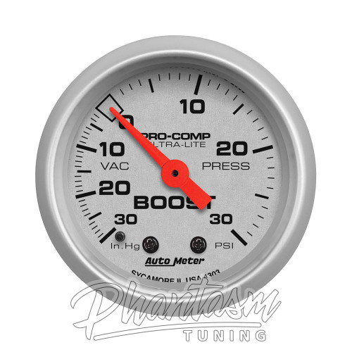 AUTO METER / BOOST-VACUUM / MECHANICAL GAUGE (4303) *** ULTRA-LITE SERIES / 30 PSI / SILVER FACE / SILVER BEZEL