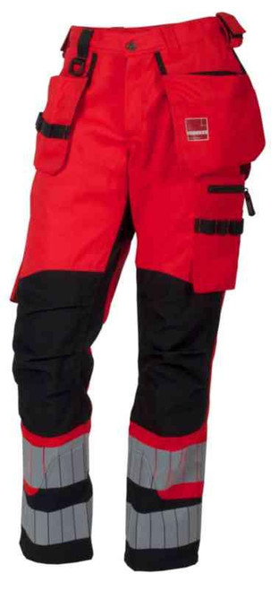 Håndverksbukse Veidekke lang HiVis kl.2 rød/svart str 52 Håndverksbukse Veidekke lang HiVis kl.2 rød/svart str 52