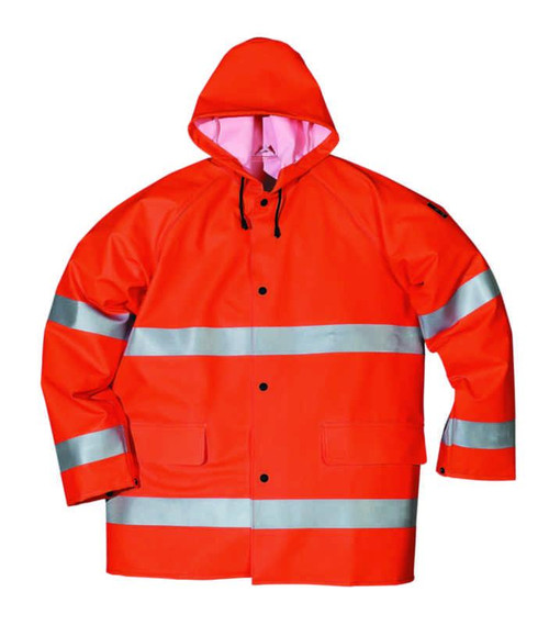 REGNJAKKE 240D63A ORANGE M HI-VIS STRIKKEPOL PU/PVC BELAG REGNJAKKE 240D63A ORANGE M HI-VIS STRIKKEPOL PU/PVC BELAG