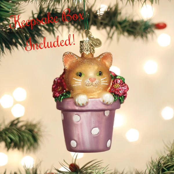  Kitten In Flower Pot Christmas Tree Ornament With Keepsake Box | Old World Christmas | Free USA Shipping!  Santas Christmas World Free Shipping over 35 dollar orders