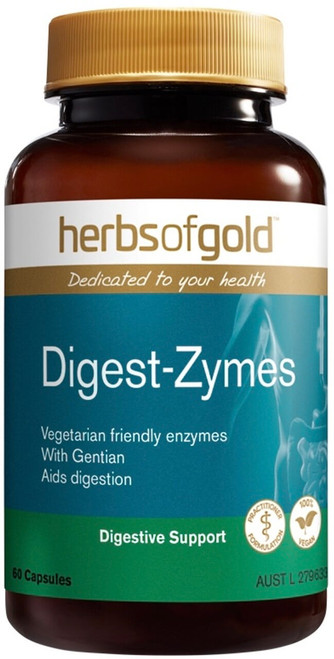 Herbs of Gold Digest-Zymes 60 Caps with Digestive Enzymes & Gentian to support healthy digestion and help relieve bloating, indigestion & fullness
