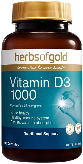 Herbs of Gold Vitamin D3 1000IU 240 Caps supporting bone health & calcium absorption