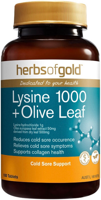 Herbs of Gold Lysine 1000 + Olive Leaf 100 Tabs supporting cold sore outbreak frequency reduction, immune defense & skin healing