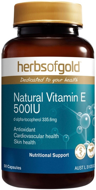 Herbs of Gold Natural Vitamin E 500IU 50 Capsules supporting cardiovascular health, skin health & antioxidant defense