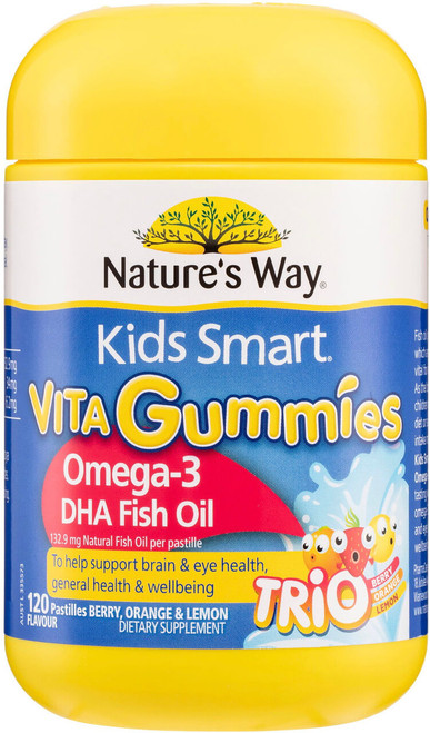 Nature’s Way Kids Smart Omega-3 DHA Fish Oil Trio 120 Vita Gummies x 3 Pack for brain development, cognitive function, eye health & growth = 360 Gummies