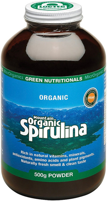 Green Nutritionals Mountain Organic Spirulina 500g certified organic wholefood delivering Gamma Linolenic Acid, Chlorophyll and trace minerals