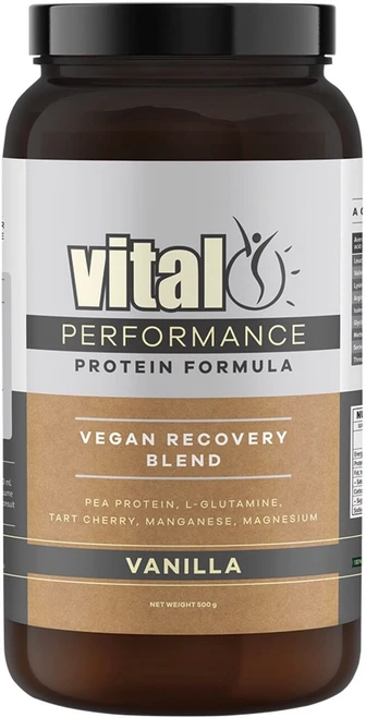 Vital Protein Performance Vanilla 500g plant based protein powder with Pea Protein Isolate, L-Glutamine, Manganese, Magnesium and Tart Cherry supports muscle recovery