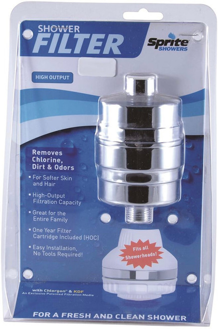 Natures Sunshine Sprite Shower Filter Unit Chrome reduces free chlorine, iron oxide, dirt, sediment and odours to support softer hair and sensitive skin