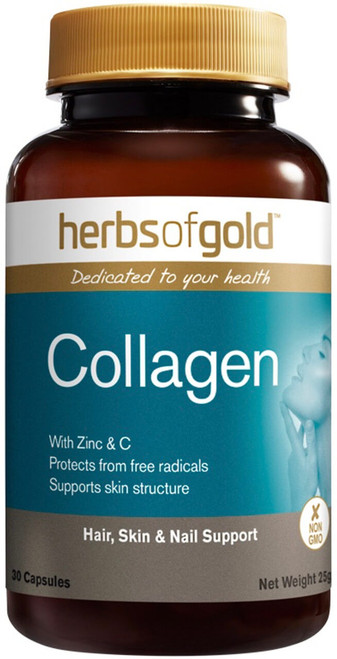 Herbs of Gold Collagen 30 Caps for normal skin structure and collagen formation, with fish collagen, vitamin C & zinc to support healthy hair and nails