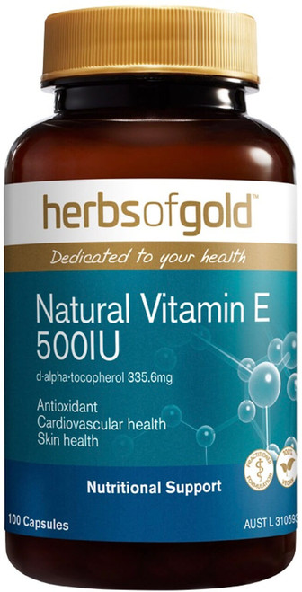Herbs of Gold Natural Vitamin E 500IU 100 Capsules supporting cardiovascular health, skin health & immune system function