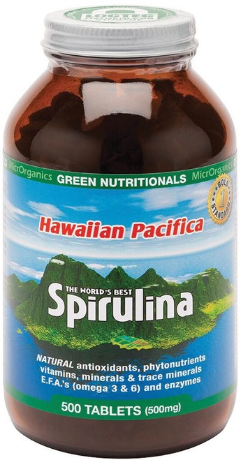 Green Nutritionals Hawaiian Pacifica Spirulina 500mg 500 Tabs delivering natural organic Iron, GLA and essential amino acids