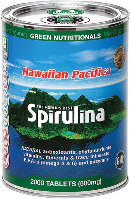 Green Nutritionals Hawaiian Pacifica Spirulina 500mg 2000 Tabs rich in organic Iron, Beta-Carotene and complete plant protein for immune support and natural energy