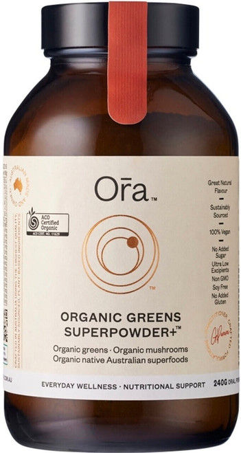 Ora Organic Greens Superpowder+ 240g with Organic Greens, Organic Mushrooms and Native Australian Superfoods helps fill nutritional gaps and aids digestive health