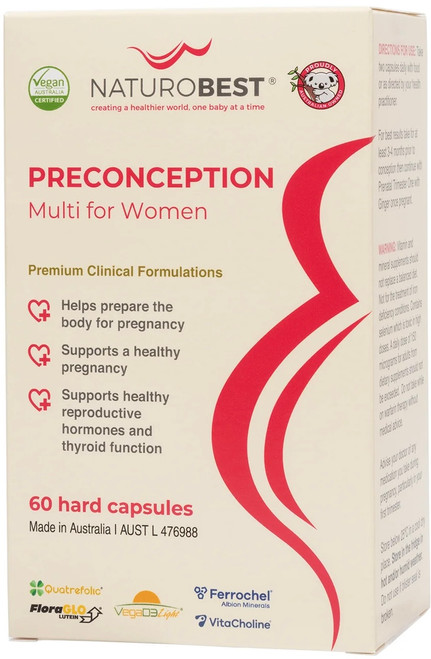 NaturoBest Preconception Multi for Women 60 Caps with CoQ10, Choline, Folate, Iron & Iodine for preconception health & healthy foetal development