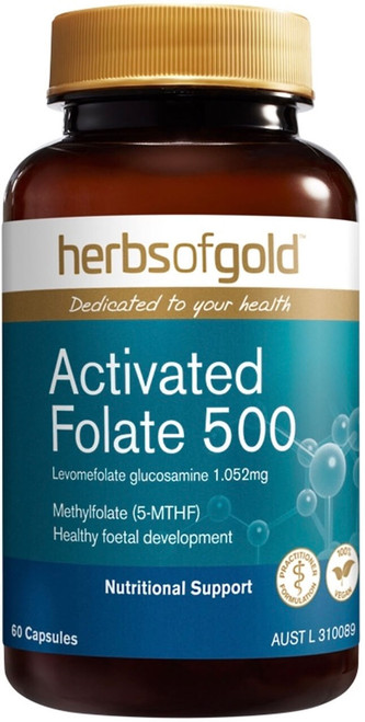 Herbs of Gold Activated Folate 500mcg 60 Caps x 3 Pack for healthy foetal development, brain health & cognitive function = 180 Caps