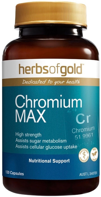 Herbs of Gold Chromium MAX 120 Caps for glucose metabolism and cellular glucose uptake, providing 250mcg of elemental chromium per capsule
