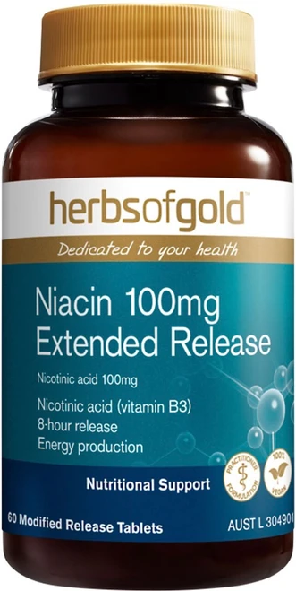 Herbs of Gold Niacin 100mg Extended Release 60 Tablets supporting energy production, carbohydrate metabolism & skin health
