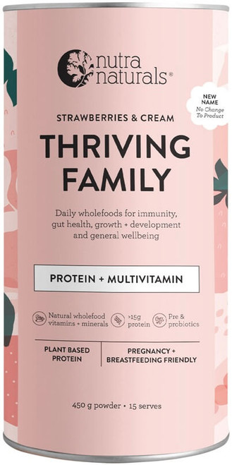 Nutra Naturals Thriving Family Protein Organic Pea Rice Blend Strawberries & Cream 450g with prebiotics, probiotics and organic wholefood vitamins supports digestive wellness and tissue repair