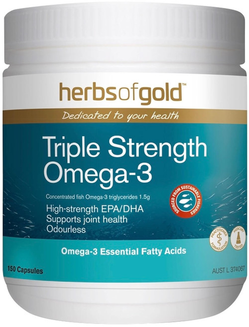 Herbs of Gold Triple Strength Omega 3 150 Caps supporting heart health, joint inflammation relief & brain function