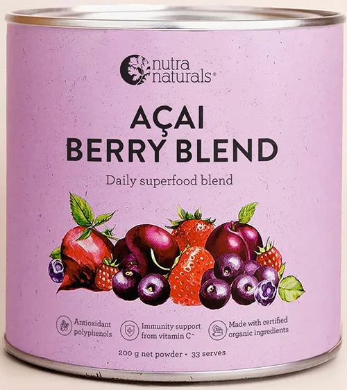 Nutra Naturals Acai Berry Blend Antioxidant Protection 200g with 6 Super Berries, Mango and Beetroot supports collagen formation and glowing skin