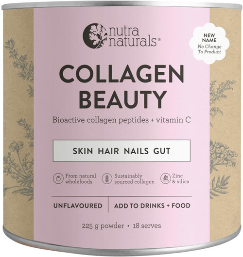Nutra Naturals Collagen Beauty with Verisol + Vitamin C Skin Hair Nails Gut 225g with Horsetail Extract and Zinc increases skin elasticity and supports tissue repair