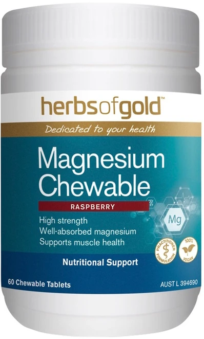 Herbs of Gold Magnesium Chewable Raspberry 60 Tabs supporting muscle function, cramp relief & stress response